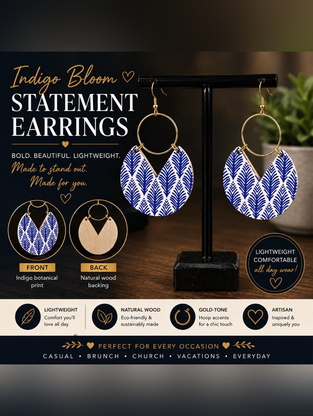 Statement Earrings - Blue & White Botanical Print